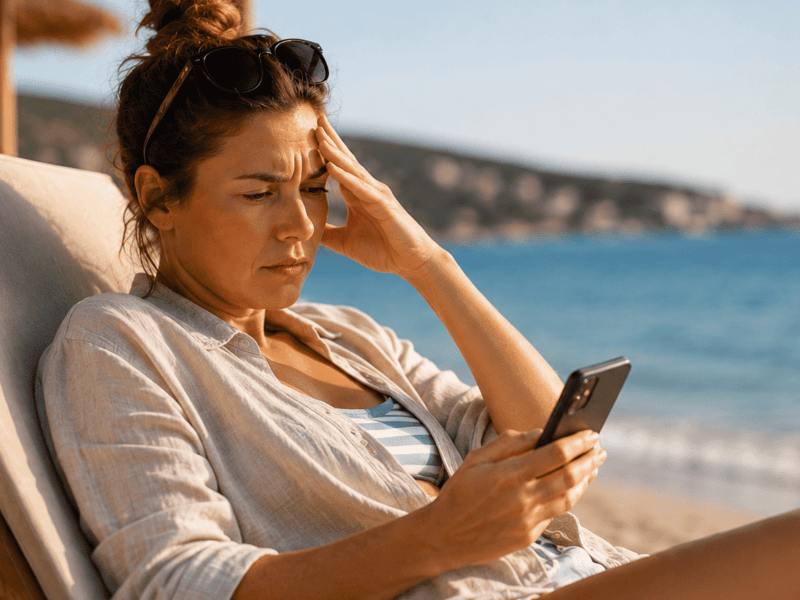 Femme stressée regardant son téléphone pendant ses vacances malgré un environnement propice au repos.